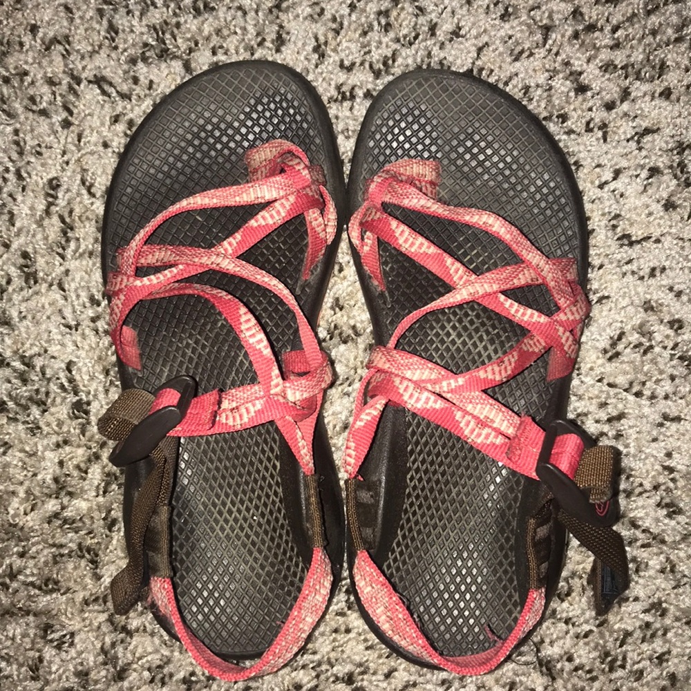 Red double strapped Chacos with toe strap